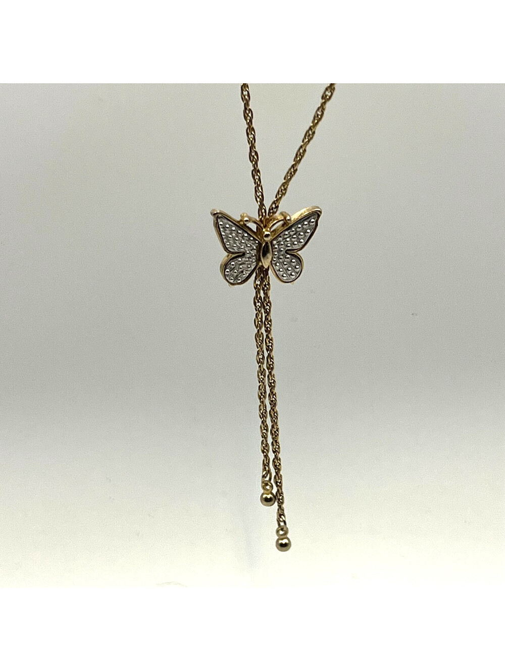 Vintage AVON Gold Tone Butterfly Lariat Pendant Necklace with Clear Rhinestones
